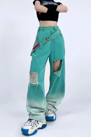 Style Core Aesthetics, New Style Trends - Ripped Denim Strap Baggy Jeans