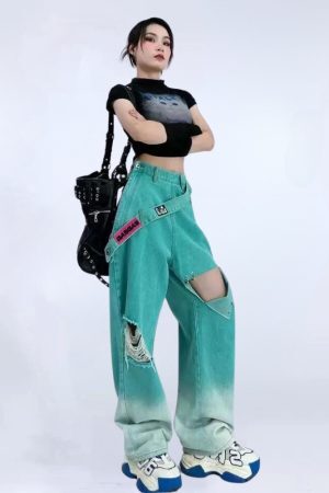 Style Core Aesthetics, New Style Trends - Ripped Denim Strap Baggy Jeans