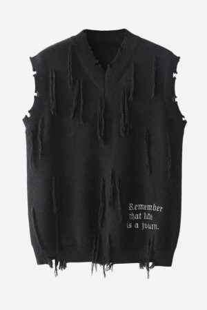 Style Core Aesthetics, New Style Trends - Ripped Tasseled Sweater Vest