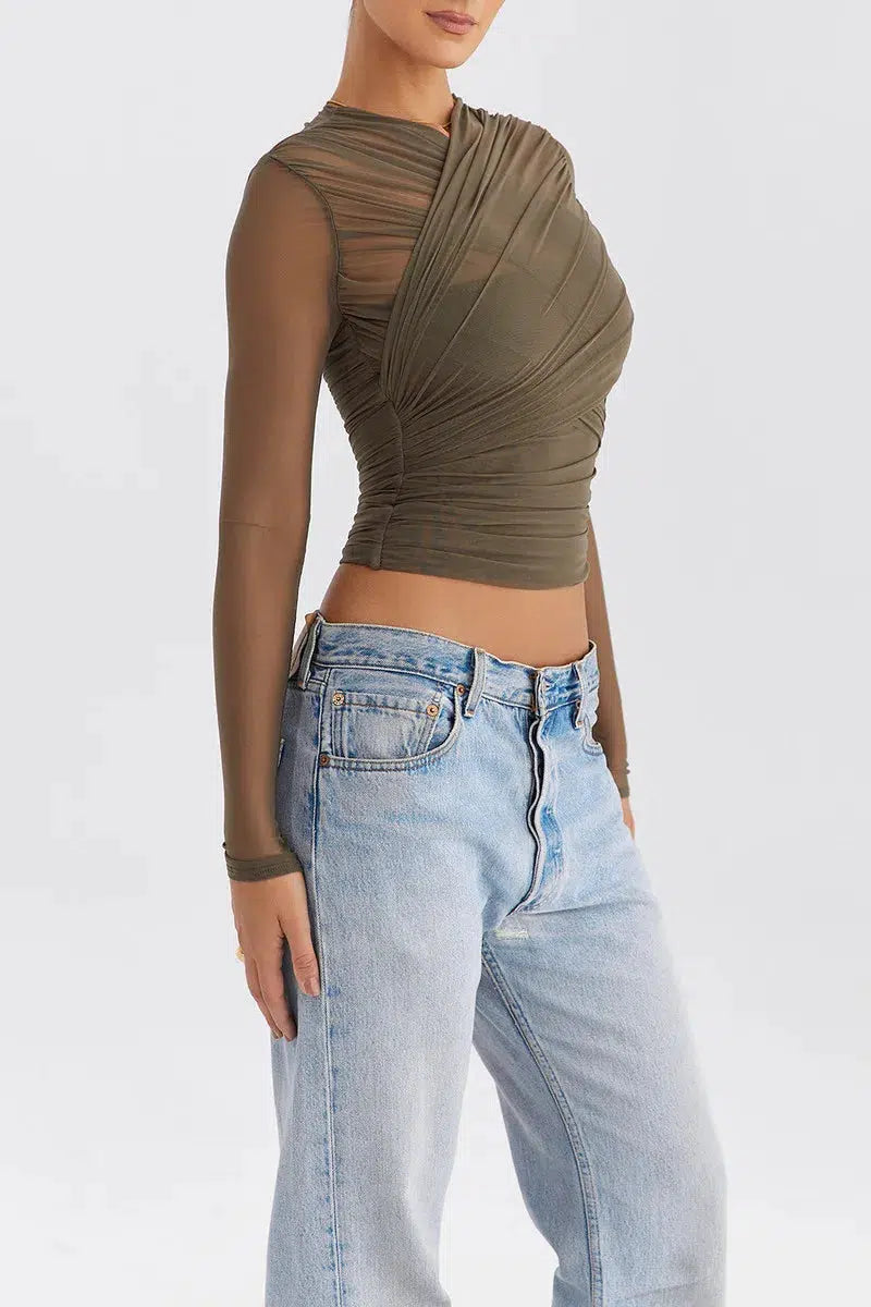Style Core Aesthetics, New Style Trends - Ruched Sheer Zip-Up Mesh Top