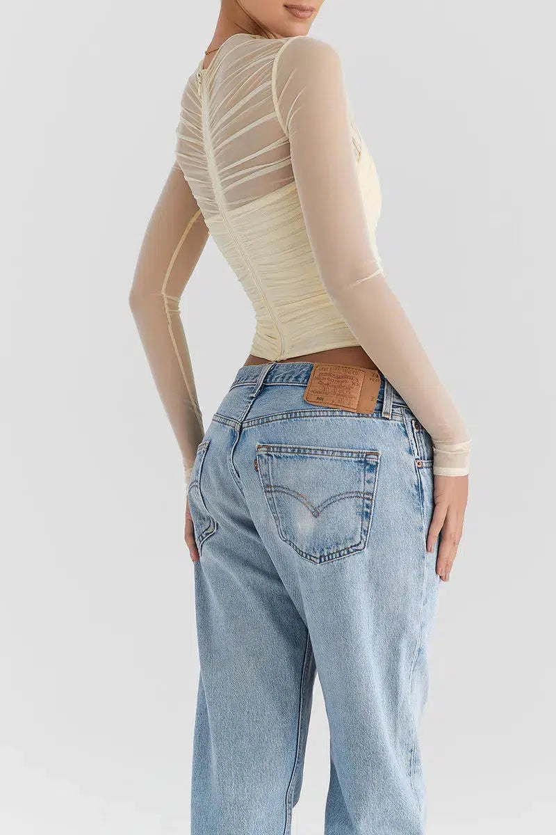 Style Core Aesthetics, New Style Trends - Ruched Sheer Zip-Up Mesh Top