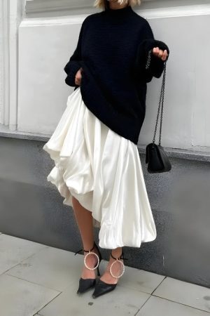 Style Core Aesthetics, New Style Trends - Satin A-Line Bubble Midi Skirt