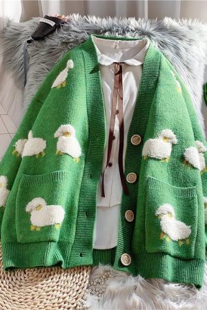 Style Core Aesthetics, New Style Trends - Sheep Embroidery Knitted Cardigan