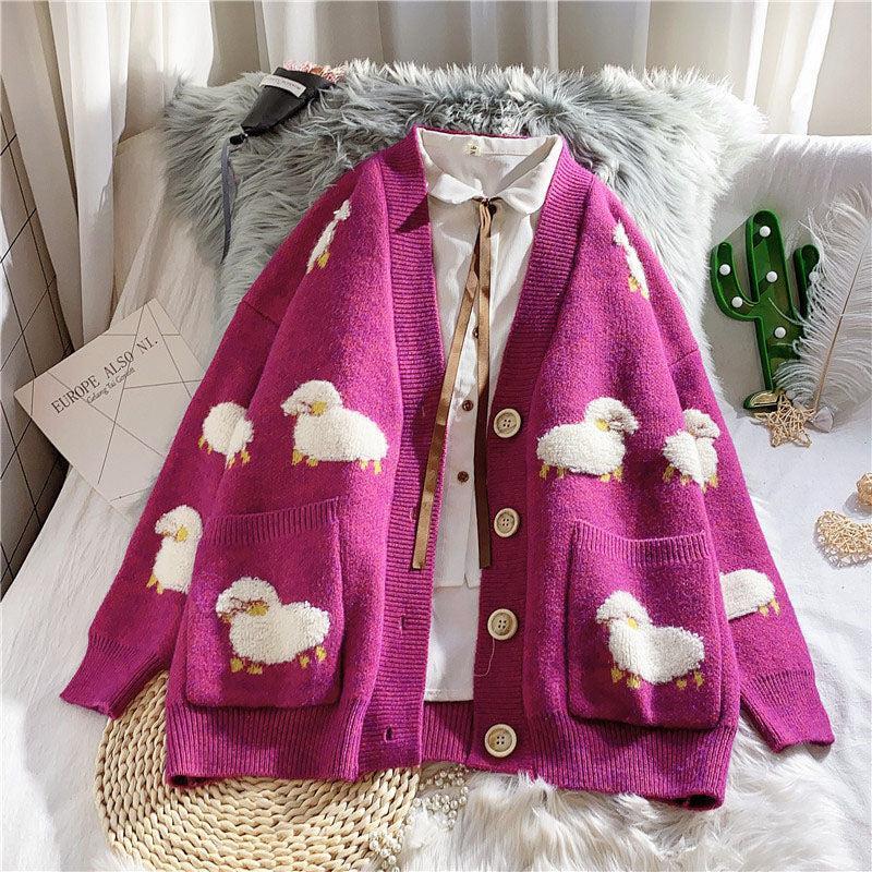 Style Core Aesthetics, New Style Trends - Sheep Embroidery Knitted Cardigan Style Core Aesthetics, New Style Trends - Sheep Embroidery Knitted Cardigan
