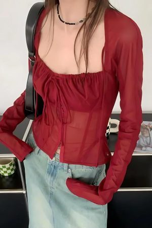 Style Core Aesthetics, New Style Trends - Sheer Ruched Lace Up Top