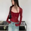 Style Core Aesthetics, New Style Trends - Sheer Ruched Lace Up Top