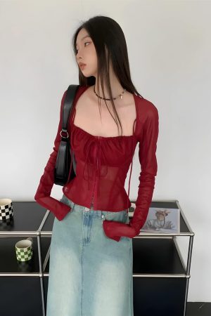 Style Core Aesthetics, New Style Trends - Sheer Ruched Lace Up Top