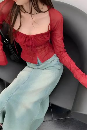 Style Core Aesthetics, New Style Trends - Sheer Ruched Lace Up Top