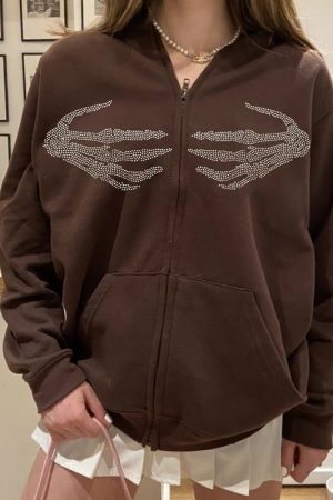 Style Core Aesthetics, New Style Trends - Skeleton Hands Rhinestone Hoodie