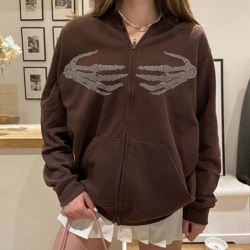 Style Core Aesthetics, New Style Trends - Skeleton Hands Rhinestone Hoodie Style Core Aesthetics, New Style Trends - Skeleton Hands Rhinestone Hoodie