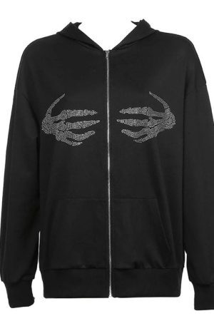 Style Core Aesthetics, New Style Trends - Skeleton Hands Rhinestone Hoodie