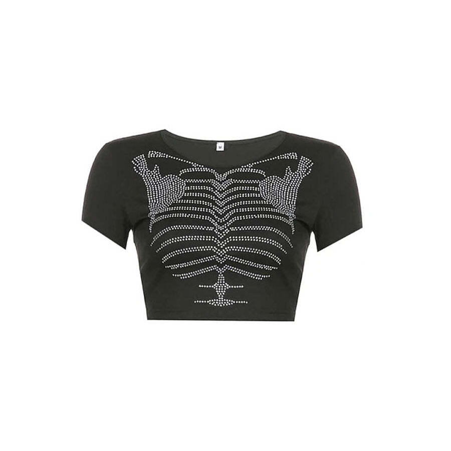 Style Core Aesthetics, New Style Trends - Skeleton Rhinestone Crop Top
