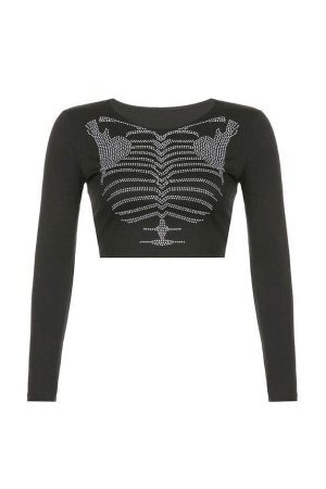 Style Core Aesthetics, New Style Trends - Skeleton Rhinestone Long Sleeve Top