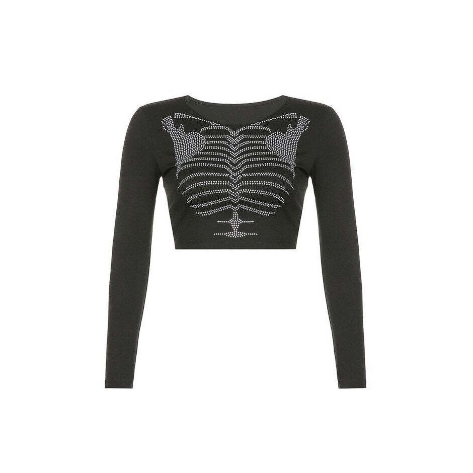 Style Core Aesthetics, New Style Trends - Skeleton Rhinestone Long Sleeve Top
