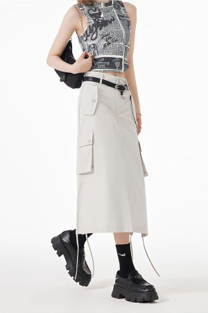 Style Core Aesthetics, New Style Trends - Slit & String Detailed Cargo Midi Skirt