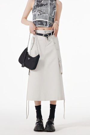 Style Core Aesthetics, New Style Trends - Slit & String Detailed Cargo Midi Skirt
