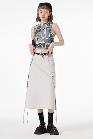 Style Core Aesthetics, New Style Trends - Slit & String Detailed Cargo Midi Skirt