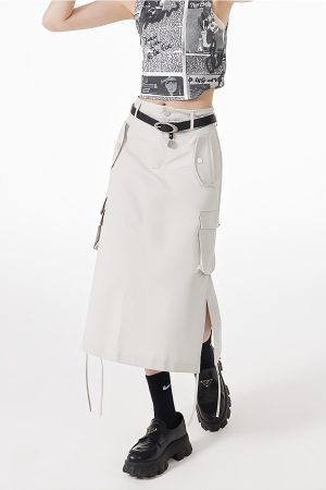 Style Core Aesthetics, New Style Trends - Slit & String Detailed Cargo Midi Skirt