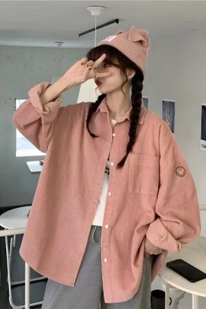 Style Core Aesthetics, New Style Trends - Smiley Embroidered Corduroy Shirt