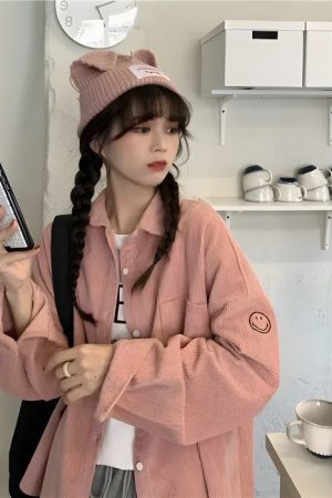 Style Core Aesthetics, New Style Trends - Smiley Embroidered Corduroy Shirt