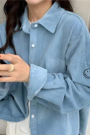 Style Core Aesthetics, New Style Trends - Smiley Embroidered Corduroy Shirt