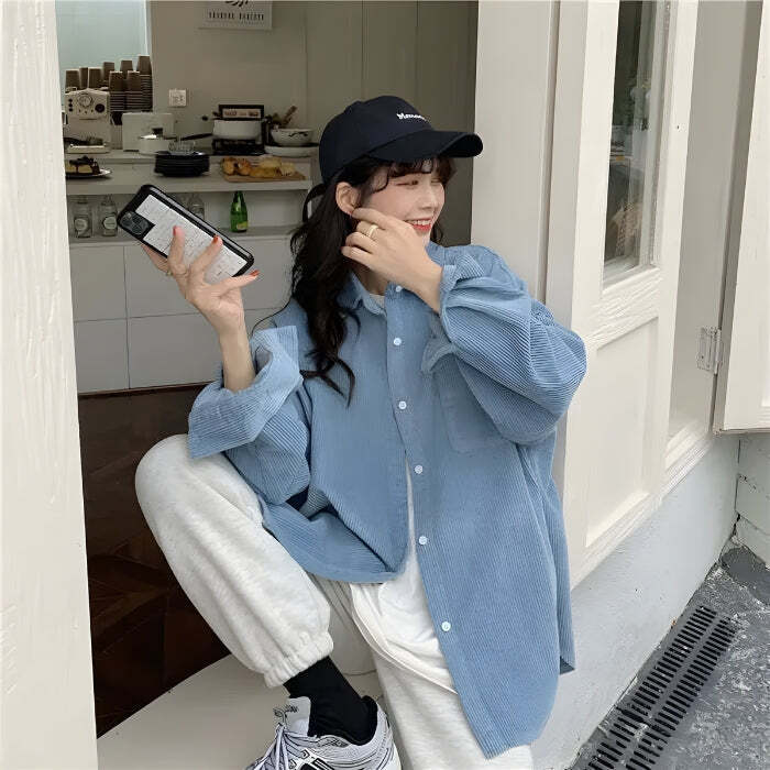 Style Core Aesthetics, New Style Trends - Smiley Embroidered Corduroy Shirt