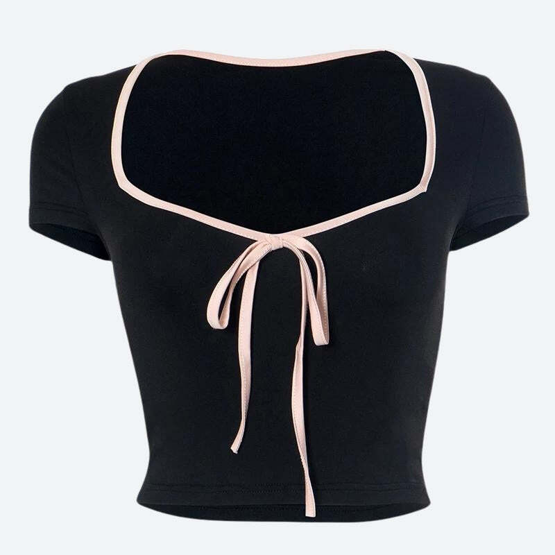 Style Core Aesthetics, New Style Trends - Soft Girl Bow Sweetheart Neckline Top