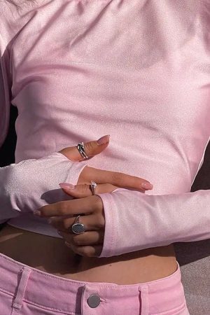 Style Core Aesthetics, New Style Trends - Soft Girl Candy Pink Metallic Top