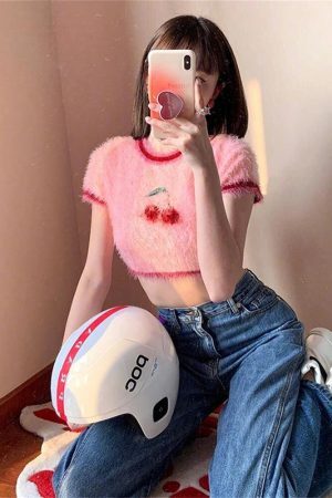 Style Core Aesthetics, New Style Trends - Soft Girl Cherry Fluffy Crop Top