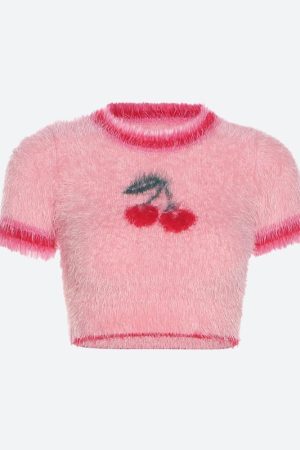 Style Core Aesthetics, New Style Trends - Soft Girl Cherry Fluffy Crop Top