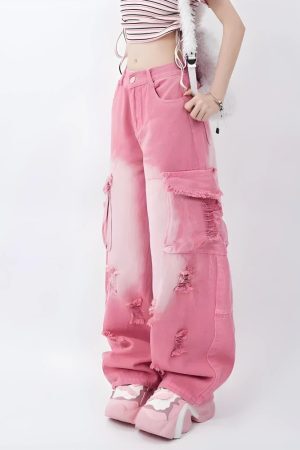Style Core Aesthetics, New Style Trends - Soft Girl Distressed Cargo Jeans
