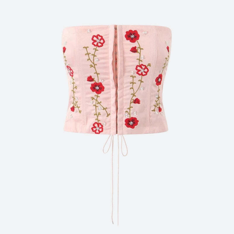 Style Core Aesthetics, New Style Trends - Soft Girl Embroidered Beaded Corset Top