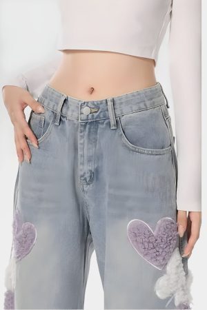 Style Core Aesthetics, New Style Trends - Soft Girl Fluffy Heart Butterfly Jeans