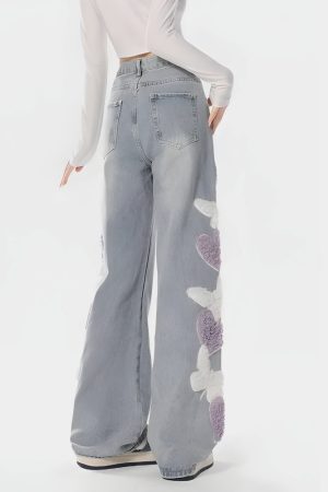 Style Core Aesthetics, New Style Trends - Soft Girl Fluffy Heart Butterfly Jeans