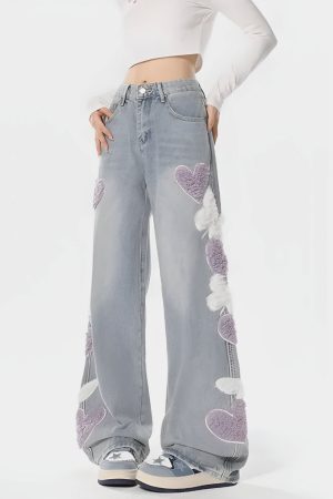 Style Core Aesthetics, New Style Trends - Soft Girl Fluffy Heart Butterfly Jeans