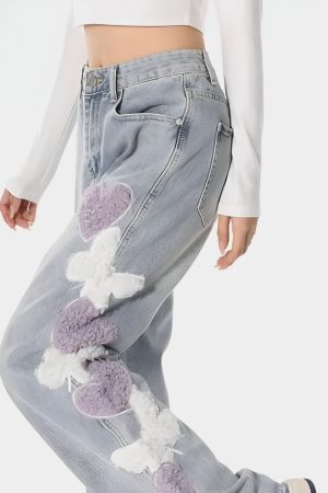 Style Core Aesthetics, New Style Trends - Soft Girl Fluffy Heart Butterfly Jeans