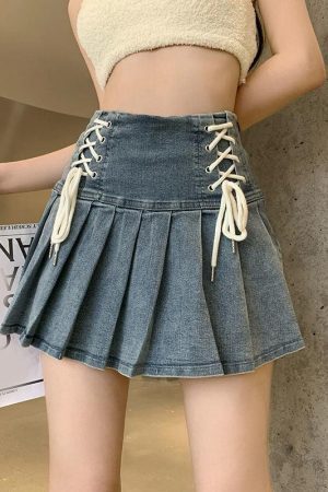 Style Core Aesthetics, New Style Trends - Soft Girl Lace Up Denim Mini Skirt