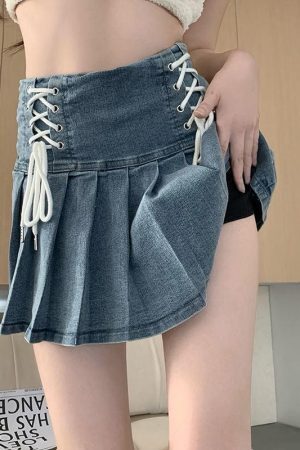 Style Core Aesthetics, New Style Trends - Soft Girl Lace Up Denim Mini Skirt