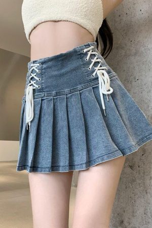 Style Core Aesthetics, New Style Trends - Soft Girl Lace Up Denim Mini Skirt