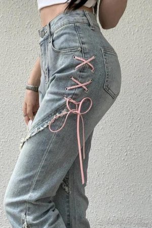 Style Core Aesthetics, New Style Trends - Soft Girl Lace Up Slit Flare Jeans