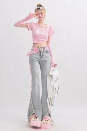 Style Core Aesthetics, New Style Trends - Soft Girl Lace Up Slit Flare Jeans