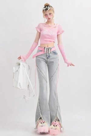 Style Core Aesthetics, New Style Trends - Soft Girl Lace Up Slit Flare Jeans