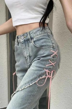Style Core Aesthetics, New Style Trends - Soft Girl Lace Up Slit Flare Jeans