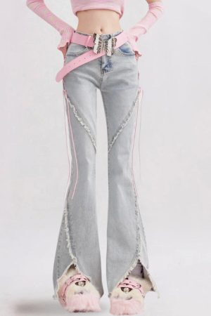 Style Core Aesthetics, New Style Trends - Soft Girl Lace Up Slit Flare Jeans