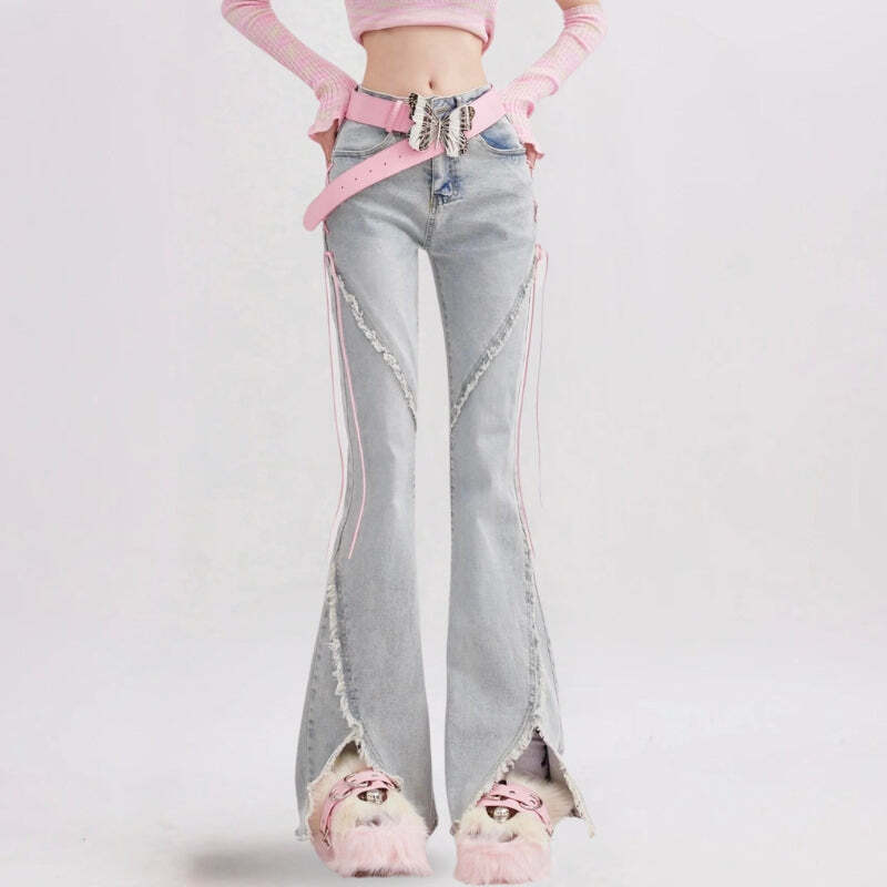 Style Core Aesthetics, New Style Trends - Soft Girl Lace Up Slit Flare Jeans