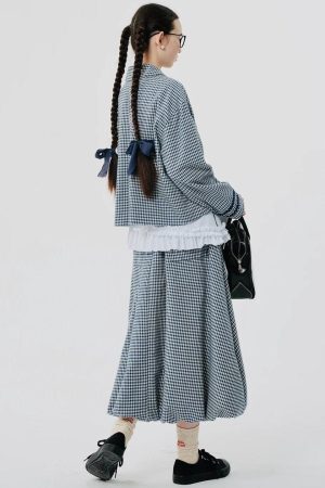 Style Core Aesthetics, New Style Trends - Soft Girl Plaid Bubble Midi Skirt