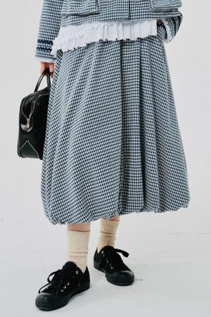 Style Core Aesthetics, New Style Trends - Soft Girl Plaid Bubble Midi Skirt