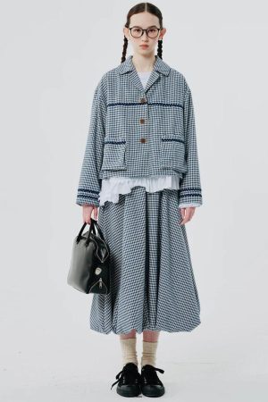 Style Core Aesthetics, New Style Trends - Soft Girl Plaid Bubble Midi Skirt