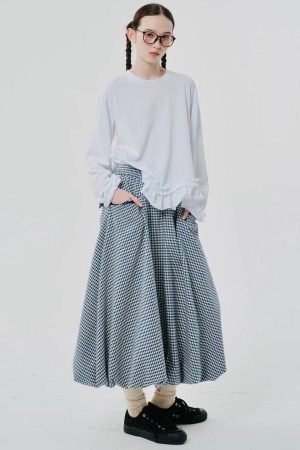 Style Core Aesthetics, New Style Trends - Soft Girl Plaid Bubble Midi Skirt