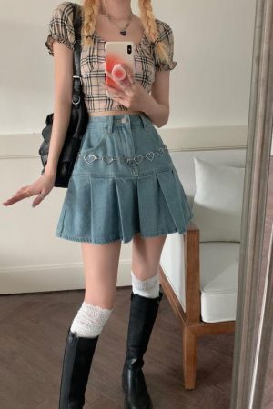 Style Core Aesthetics, New Style Trends - Soft Girl Pleated Denim Mini Skirt